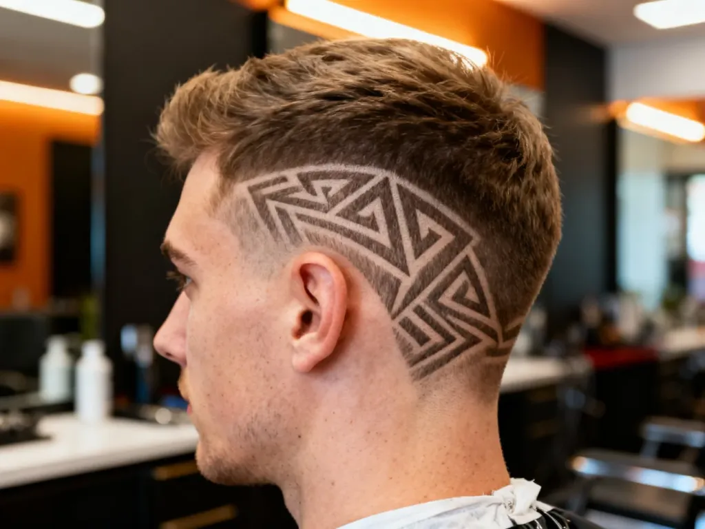 Zbliżenie na męską fryzurę typu fade z precyzyjnie wygolonymi, geometrycznymi wzorami na boku głowy.