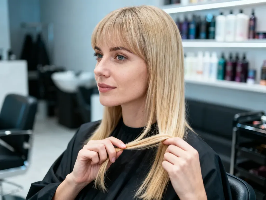 Fryzjerka w profesjonalnym salonie prezentuje pasmo blond włosów po zabiegu tonowania.