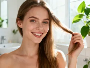Kobieta z modną fryzurą w odcieniach pastelowego różu i popielatego blondu w profesjonalnym salonie fryzjerskim.