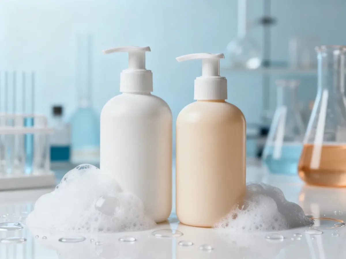 Dwa kosmetyki myjące przedstawione w spokojnej, dermatologicznej aranżacji