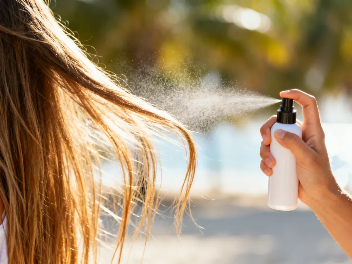 A person evenly spraying UV hair mist onto sunlit hair