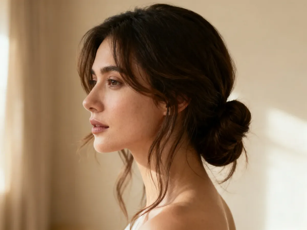 Elegancki niski messy bun z delikatnie wypuszczonymi pasmami