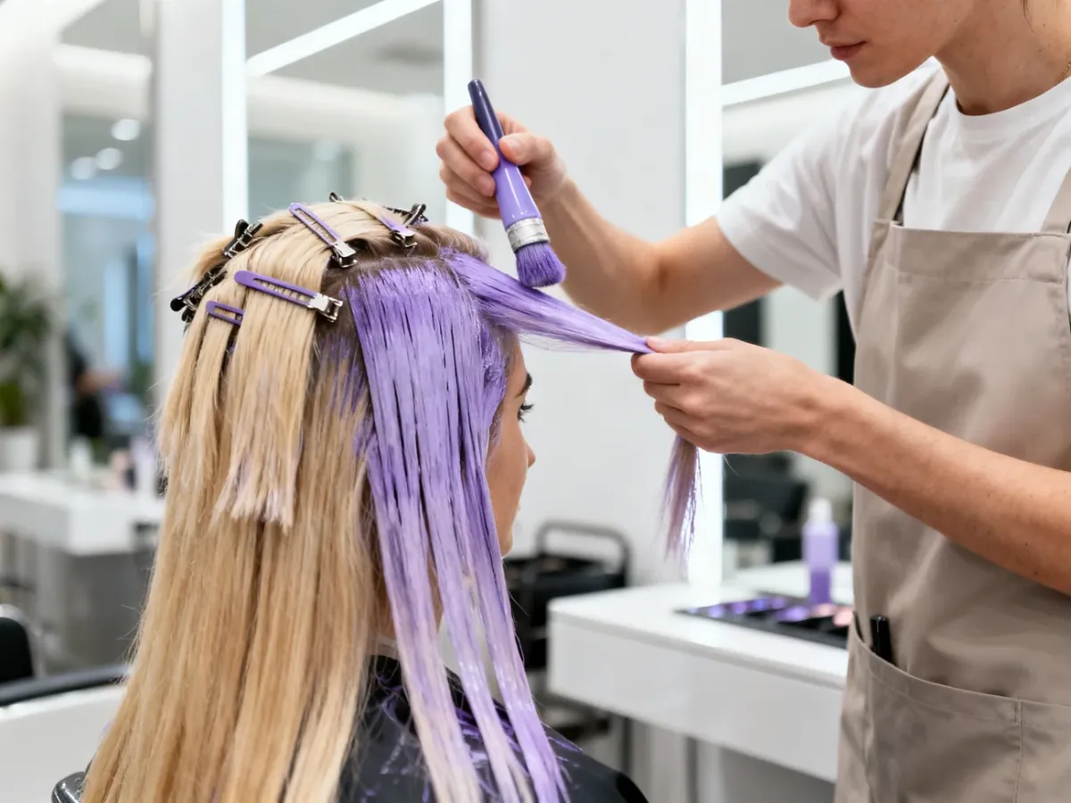 Fryzjer nakładający fioletowy toner na blond włosy