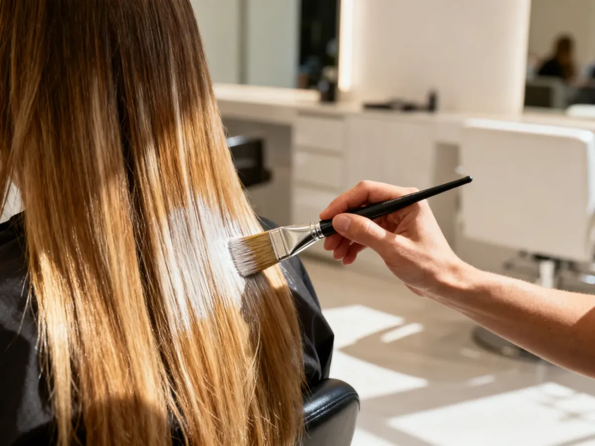 Stylistka nakłada pędzlem rozjaśniacz na pasma włosów podczas koloryzacji balayage