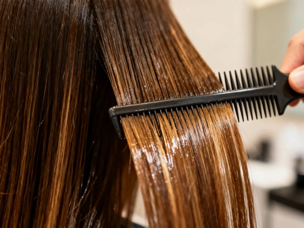 Hair being combed after applying a leave-in treatment