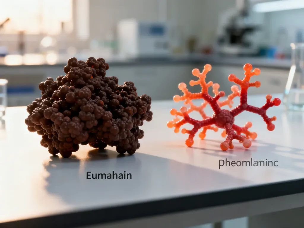 Modele cząsteczkowe eumelaniny i feomelaniny na laboratoryjnym stole, obrazujące różnice w budowie pigmentów skóry i włosów.