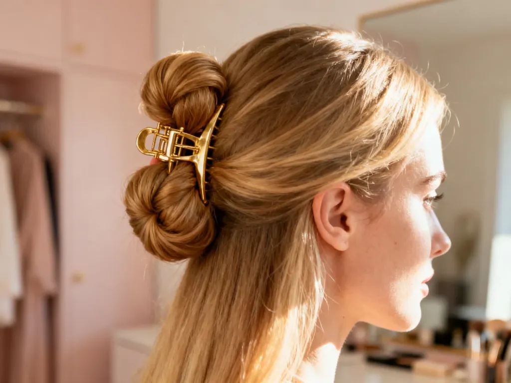 Elegancki kok upięty złotą klamrą na długich, blond włosach w jasnym, minimalistycznym wnętrzu.