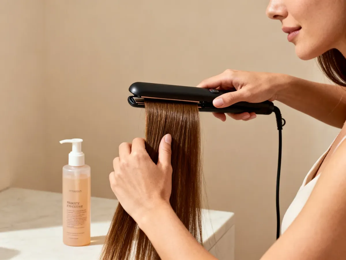 Using a straightener on dry hair with heat protectant nearby