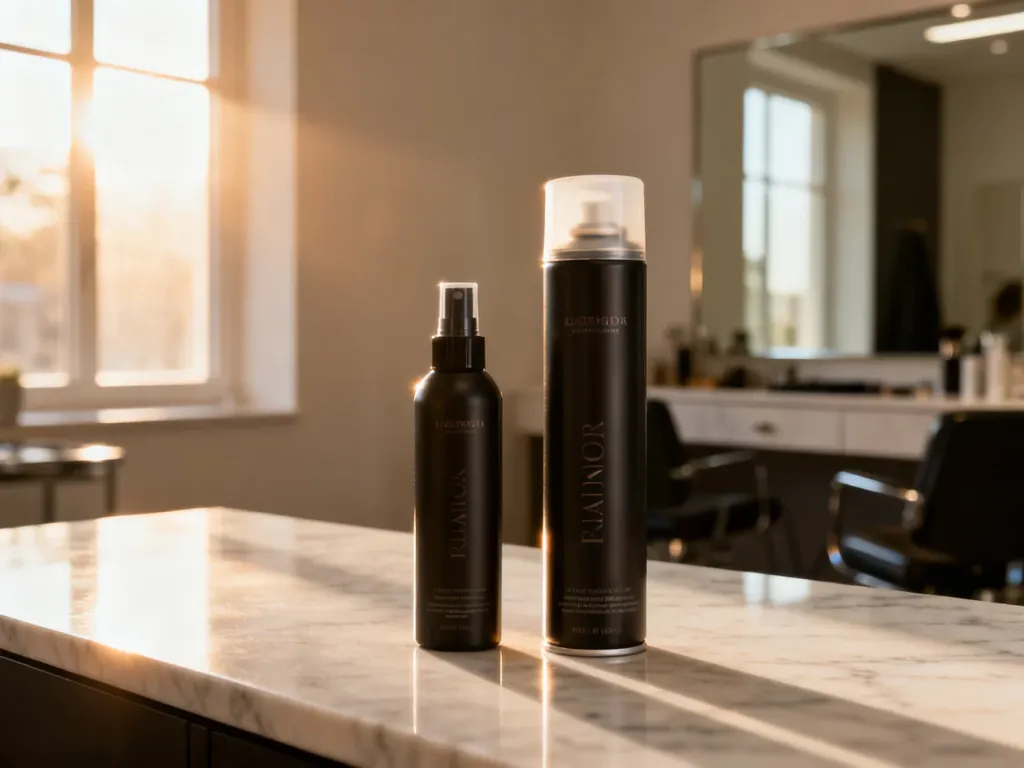Profesjonalny lakier i spray do stylizacji włosów na marmurowym blacie w nowoczesnym salonie fryzjerskim.