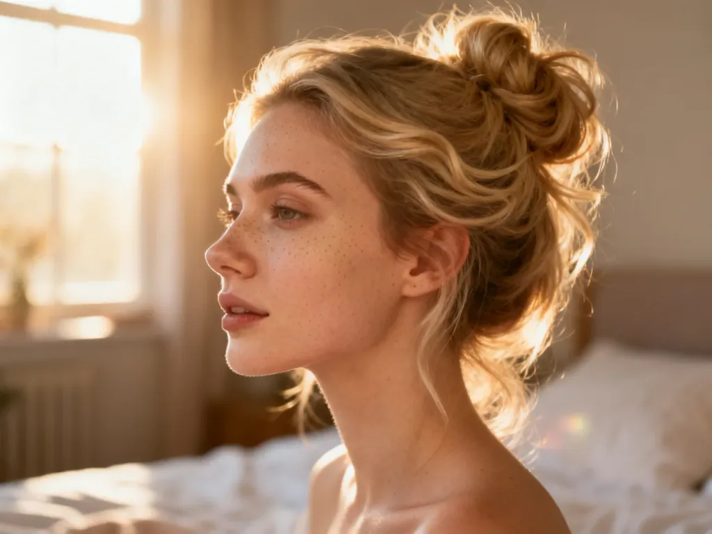 Blondynka z delikatnymi piegami w stylowym, artystycznym koku typu messy bun w przytulnym, słonecznym wnętrzu.