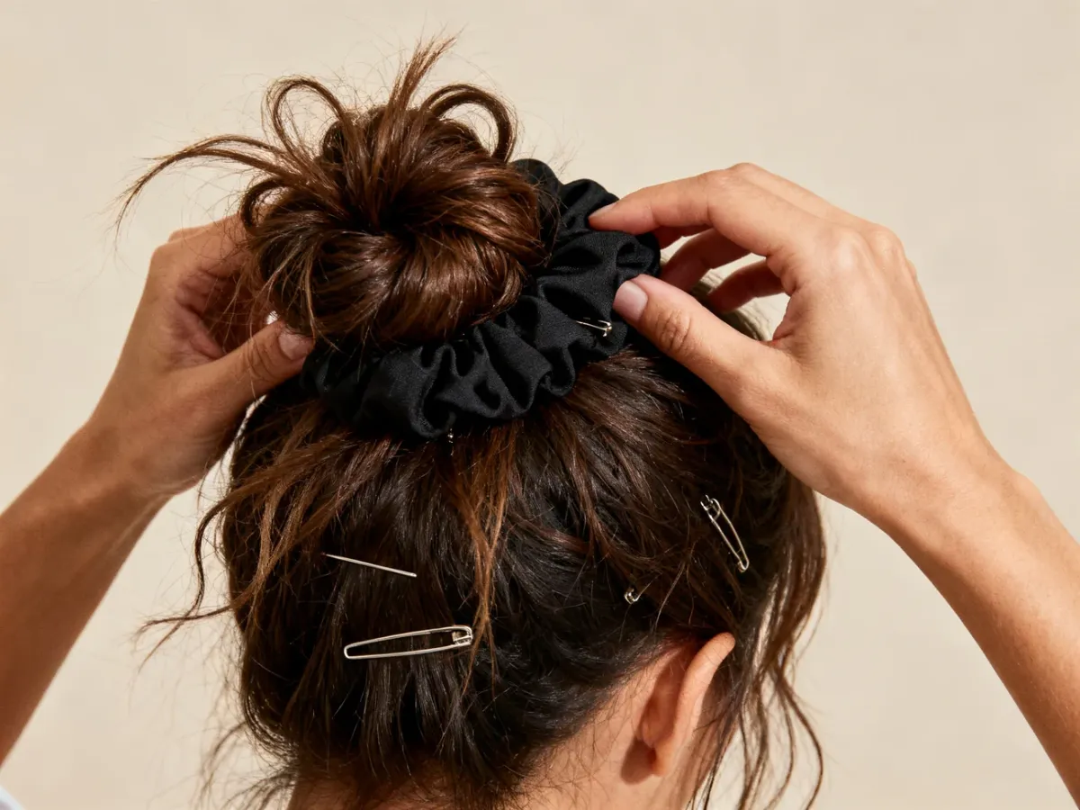 Formowanie luźnej pętli messy bun za pomocą scrunchie i wsuwek