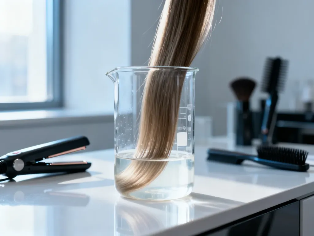 Zbliżenie na pasmo włosów zanurzone w preparacie chemicznym w profesjonalnym salonie fryzjerskim.