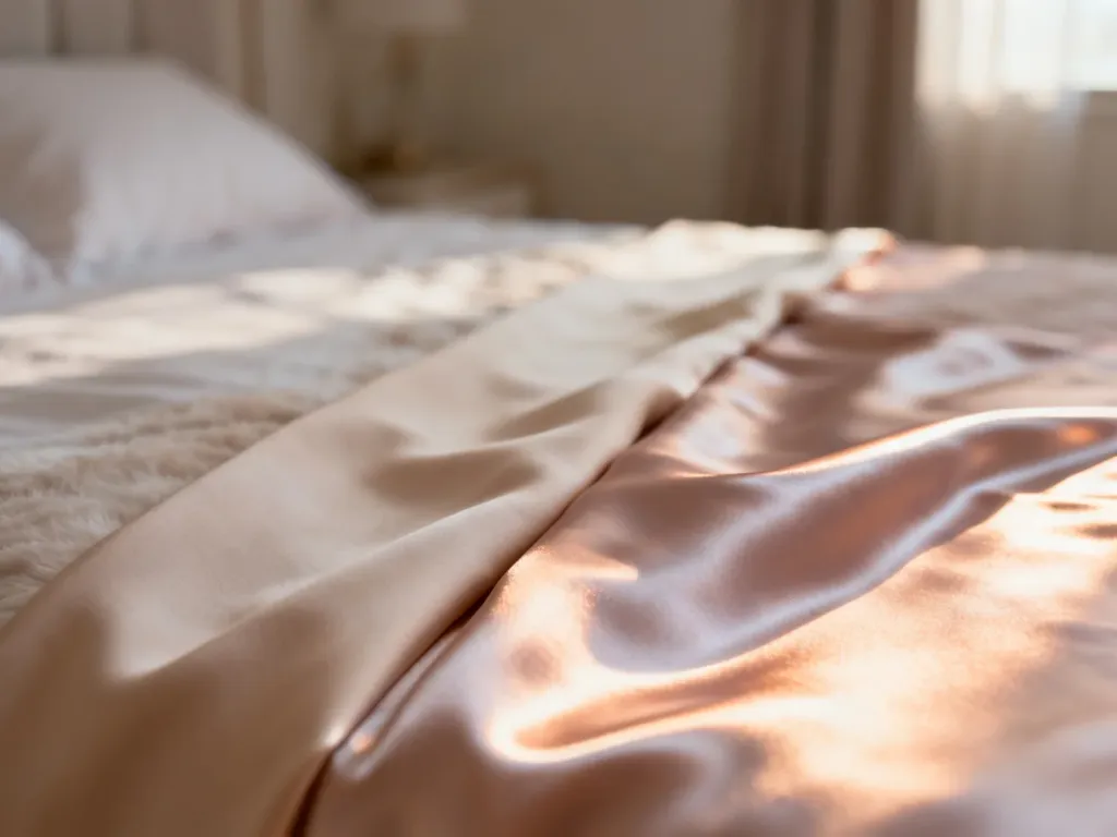 Porównanie matowej, naturalnej tkaniny jedwabnej oraz błyszczącej satyny na tle eleganckiej sypialni.