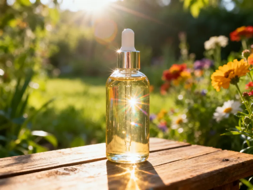 Szklana buteleczka serum do włosów w promieniach słońca, symbolizująca ochronę przed promieniowaniem UV.