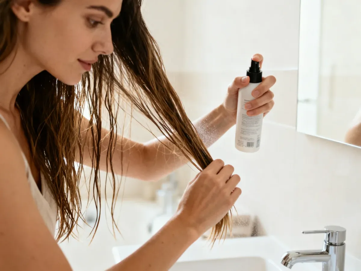 A woman applying heat protectant to damp hair before drying