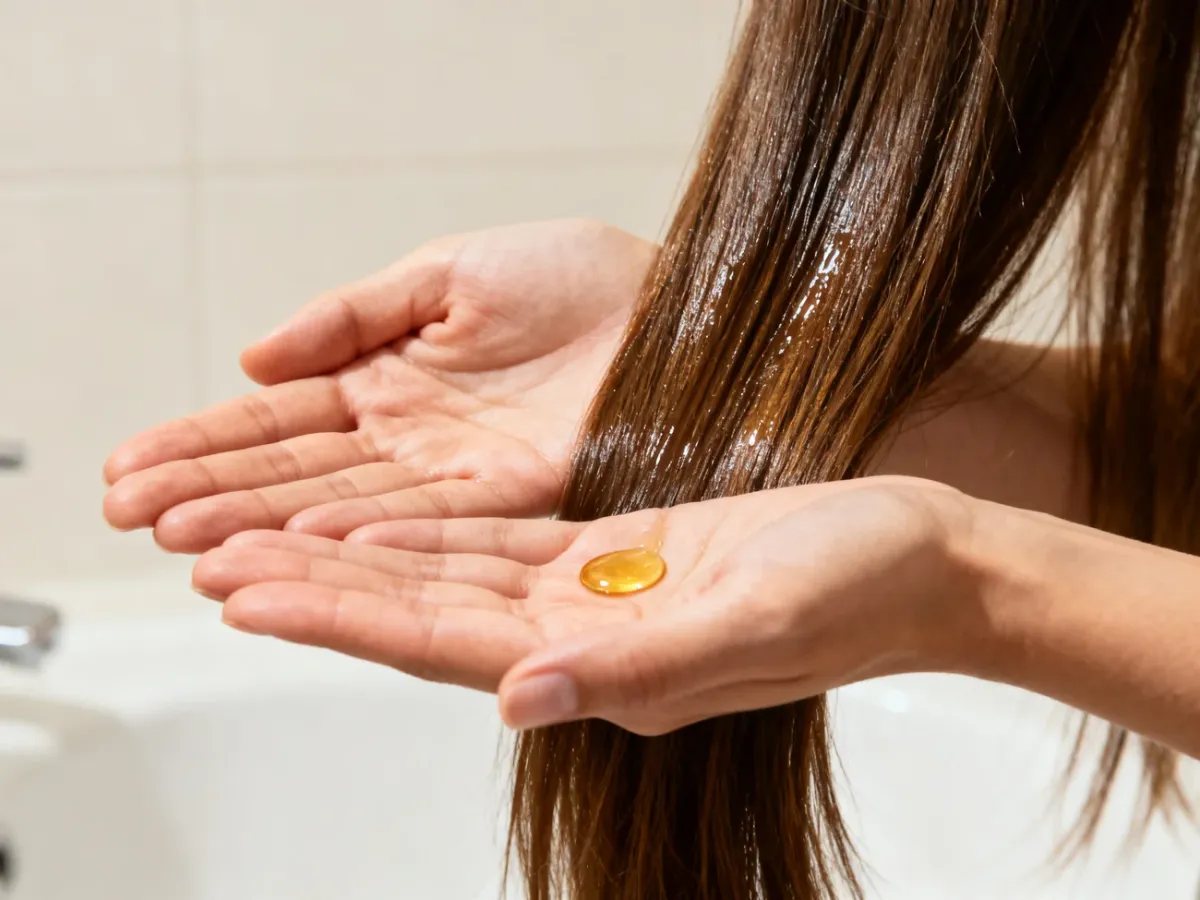 Rozgrzewanie niewielkiej ilości serum w dłoniach przed nałożeniem na końcówki włosów
