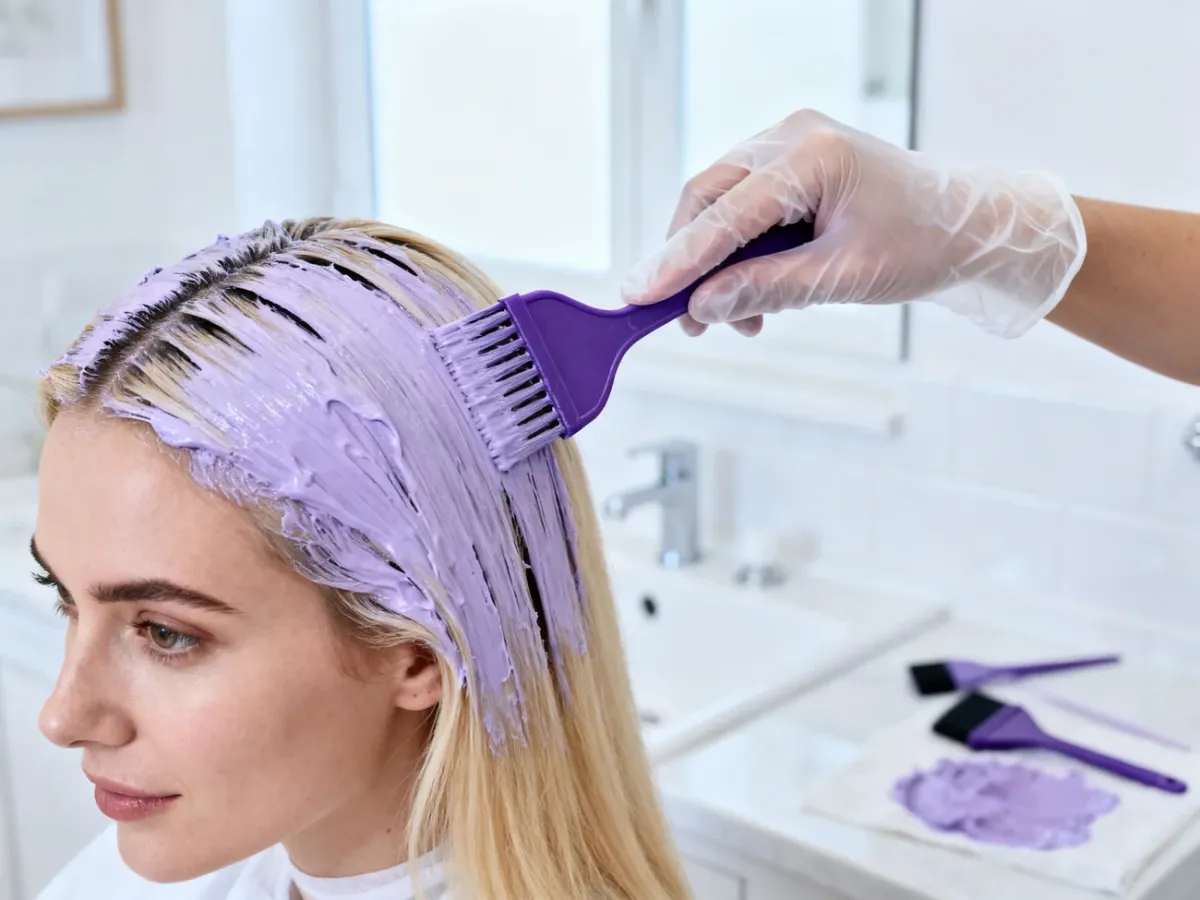Nakładanie tonera na blond włosy w rękawiczkach