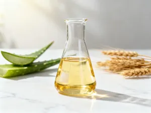 Zestaw kosmetyków do włosów z oznaczeniami protein, emolientów i humektantów na minimalistycznym, białym tle.