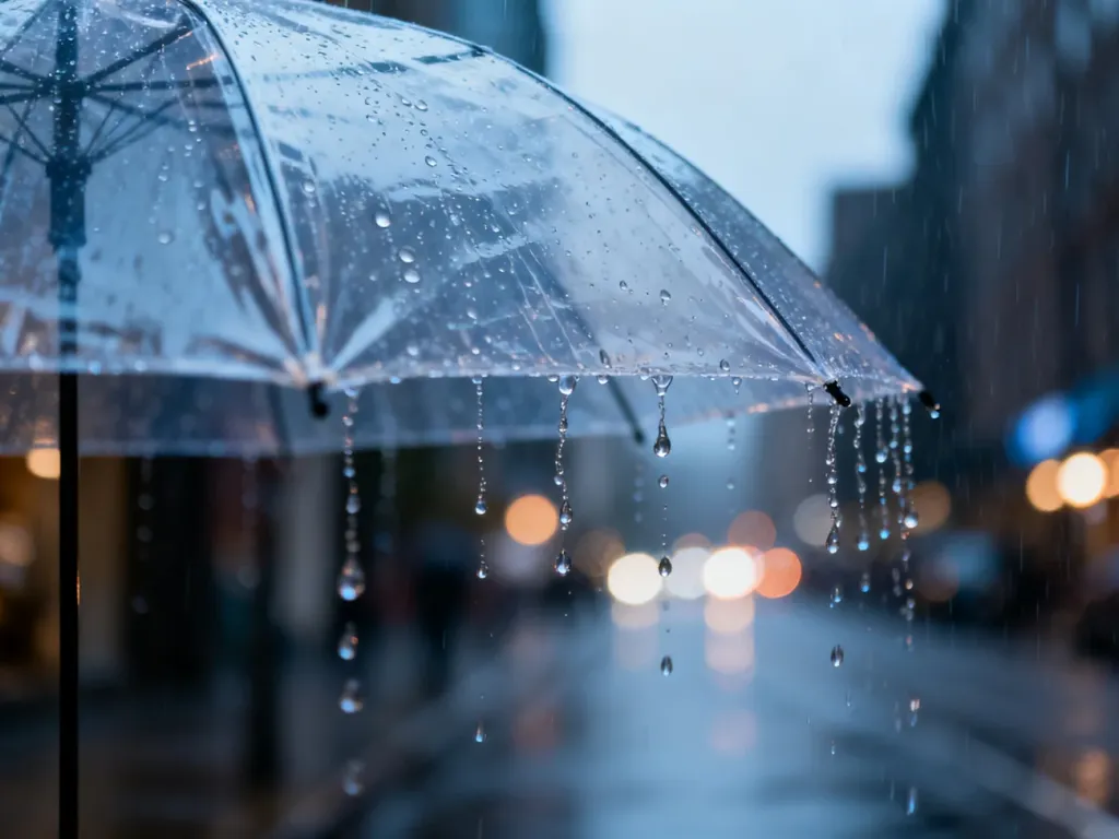 Przezroczysty parasol z kroplami deszczu na tle rozmytych świateł miasta, podkreślający ochronę fryzury przed wilgocią.