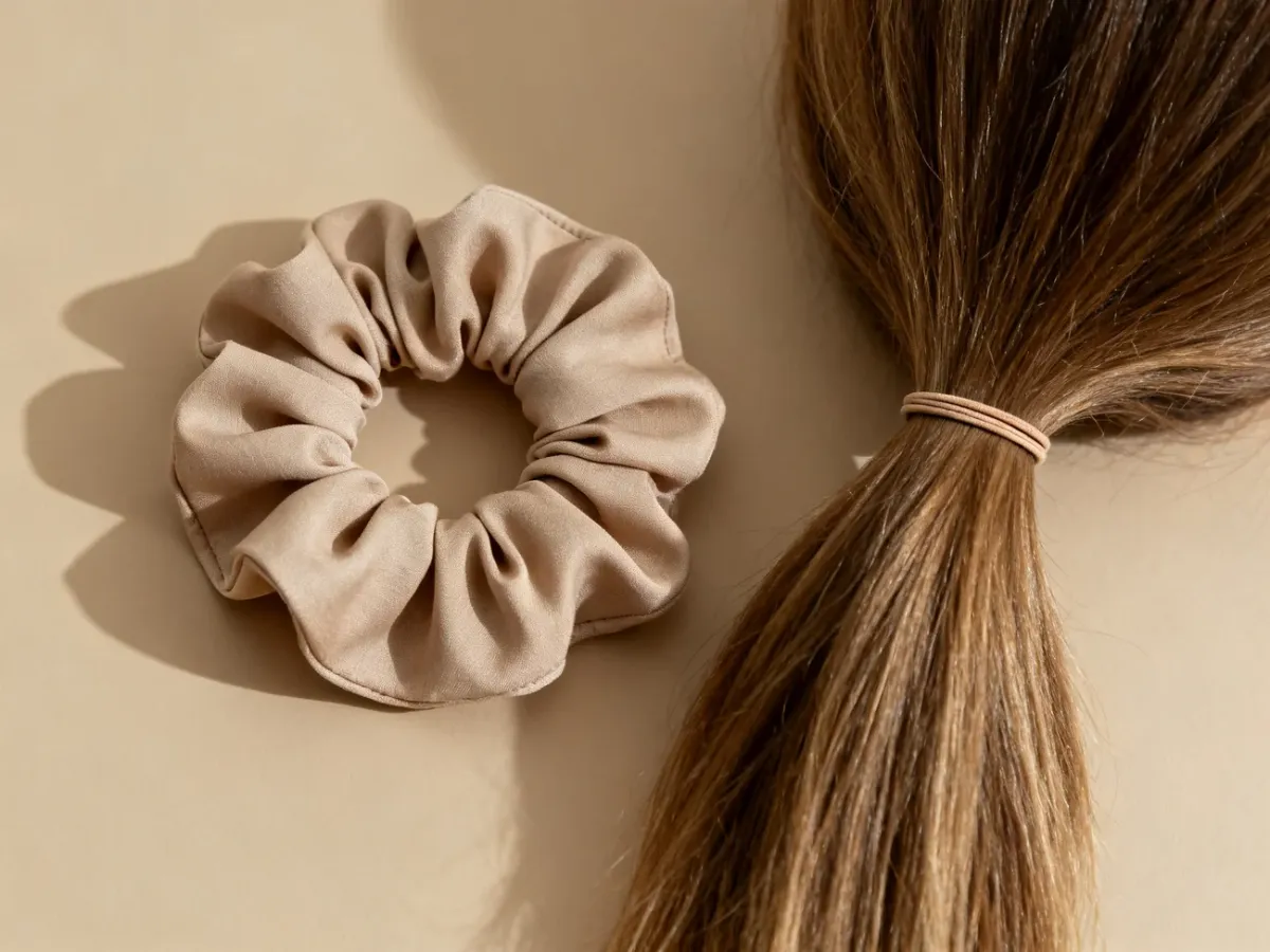 Scrunchie i cienka zwykła gumka do włosów obok delikatnie upiętych włosów