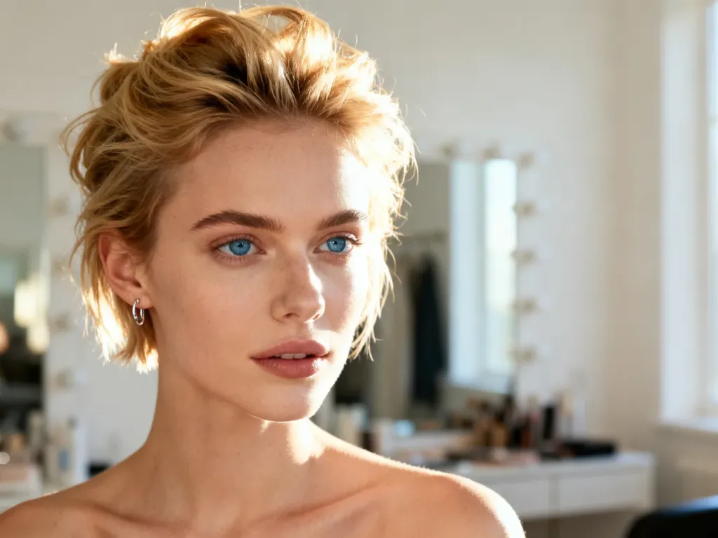 Kobieta z krótkimi blond włosami w artystycznym, luźnym upięciu, prezentująca elegancką fryzurę w jasnym wnętrzu.