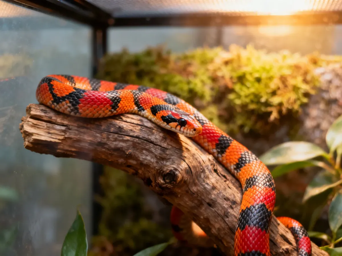 Wąż zbożowy o pomarańczowo-czerwonym ubarwieniu odpoczywający na drewnianej gałęzi w terrarium.