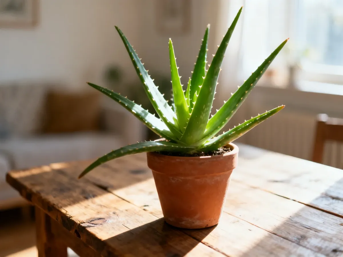 Zdrowy aloes w terakotowej doniczce na drewnianym stole, oświetlony porannym światłem w przytulnym wnętrzu.