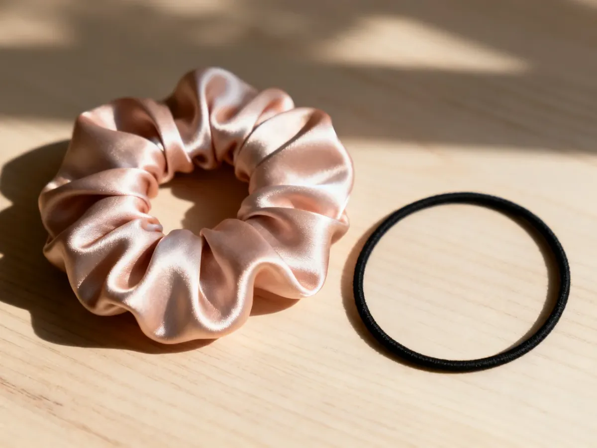 Porównanie luksusowej jedwabnej gumki scrunchie w pastelowym kolorze ze zwykłą czarną gumką na drewnianym blacie.