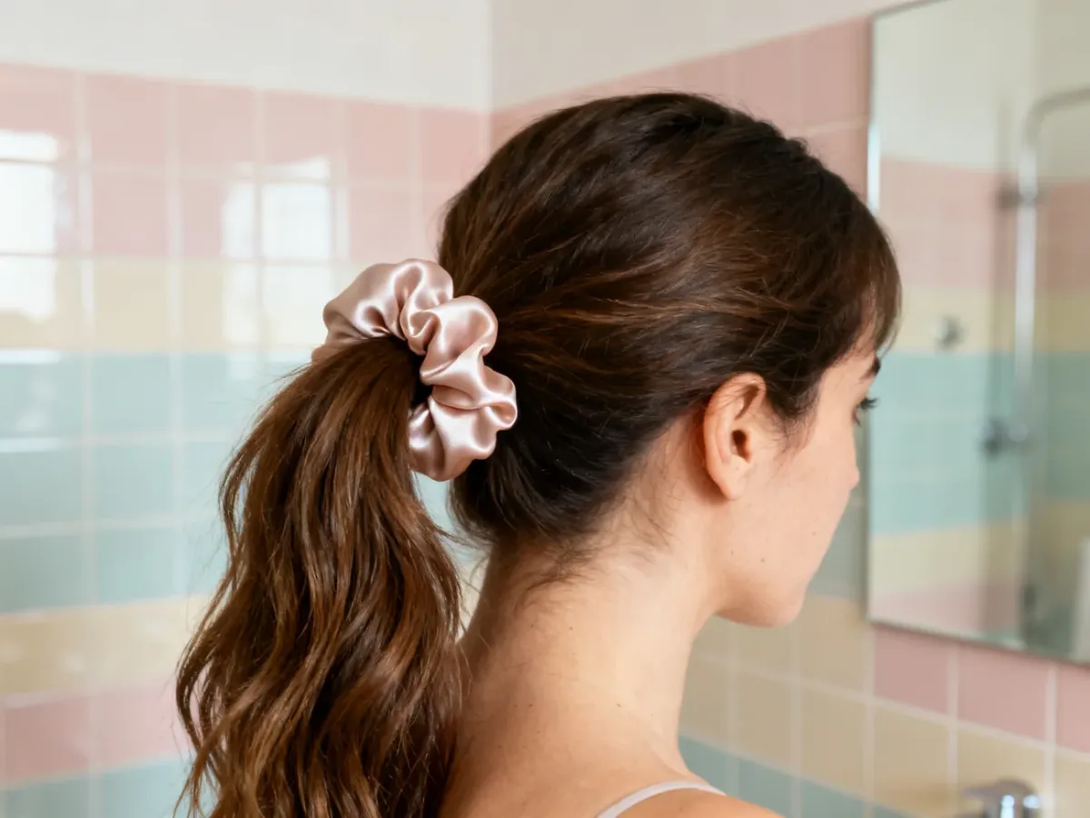 Kobieta delikatnie upinająca włosy satynową scrunchie