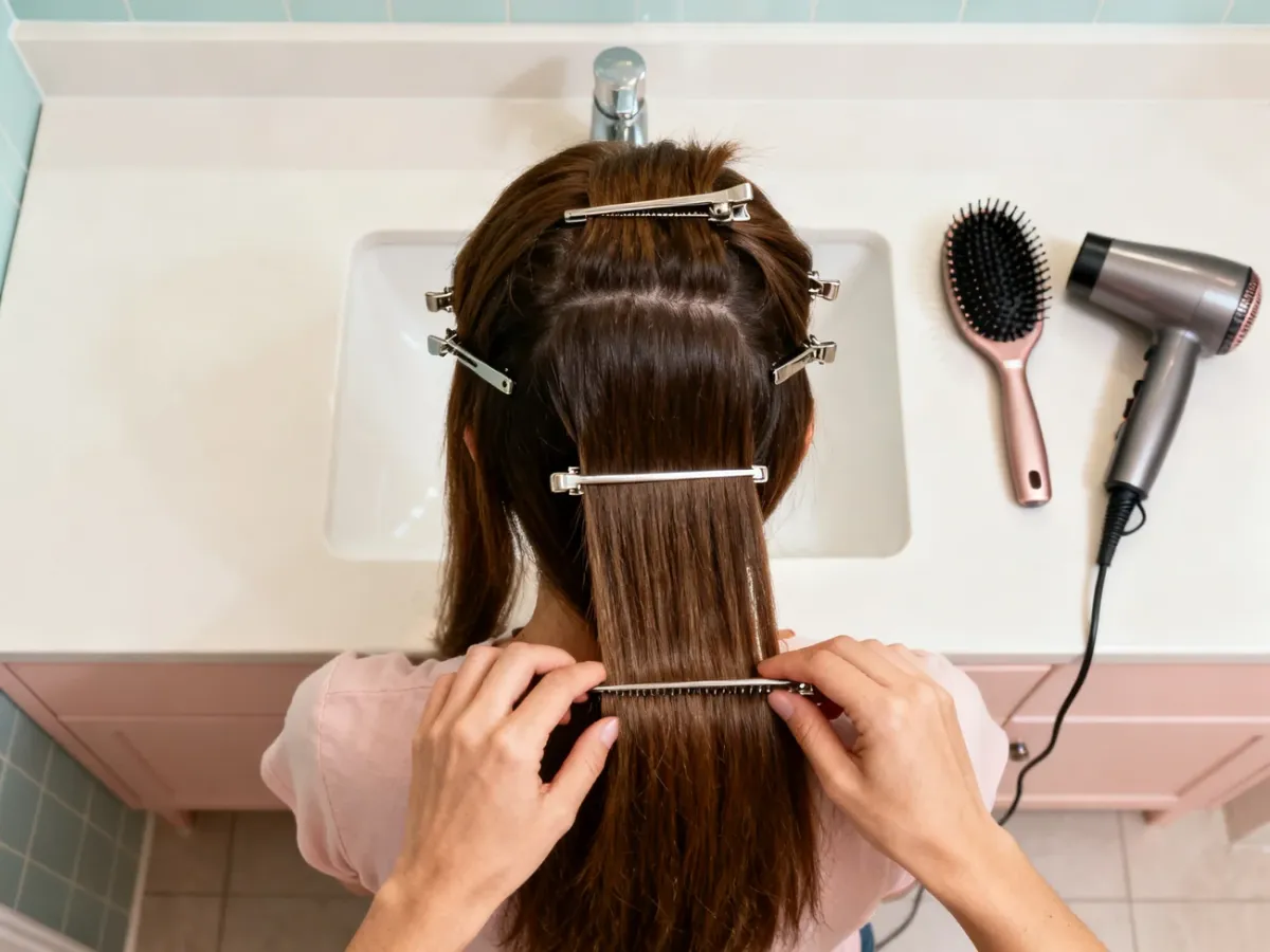 Hair divided into sections before blow-drying