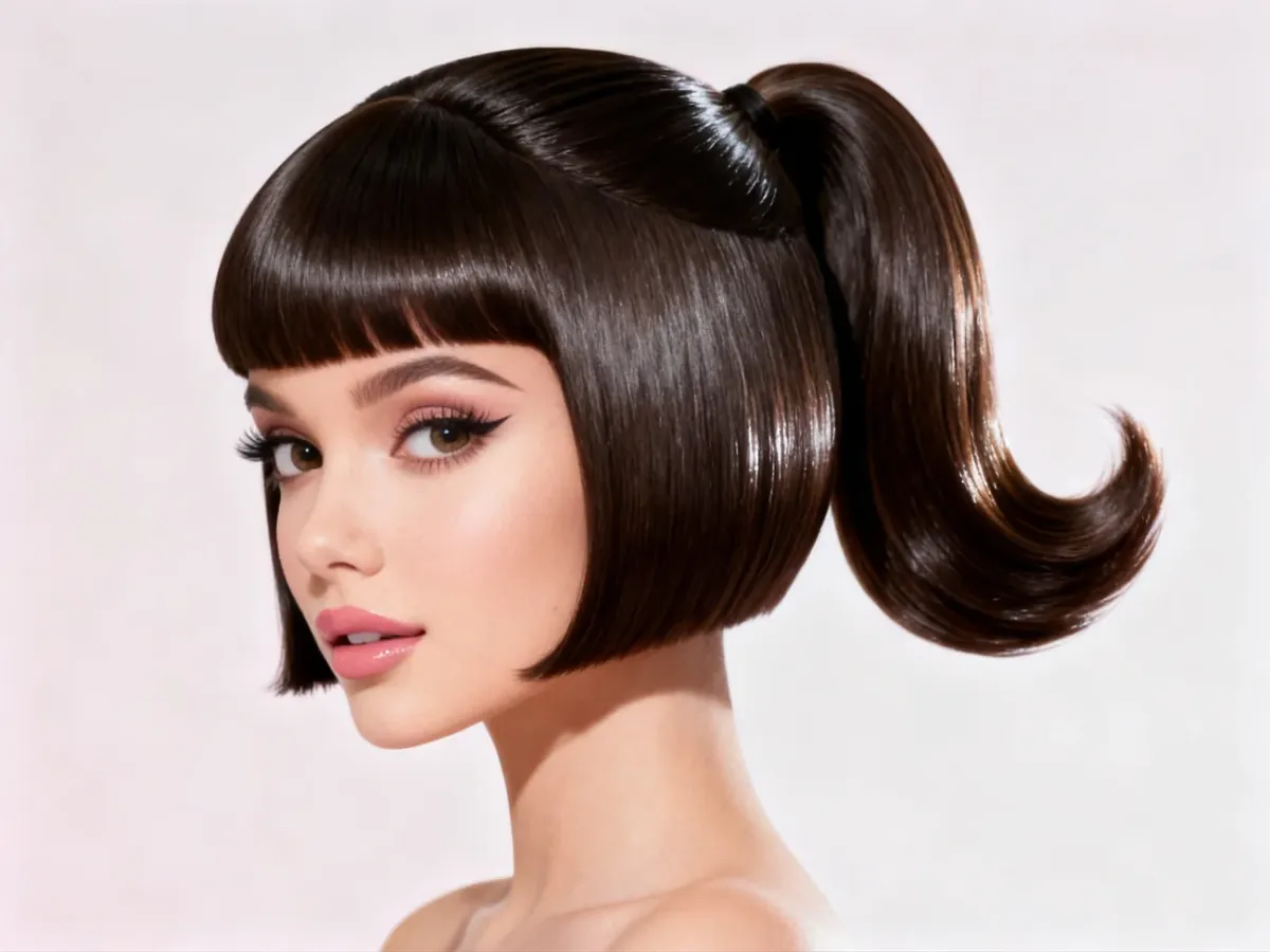 Gładki kucyk Barbie ponytail na krótkim bobie z wywiniętymi końcówkami