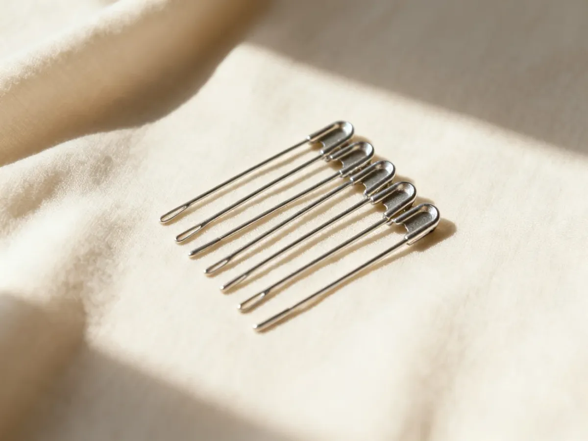 Minimalistyczne metalowe wsuwki ułożone na jasnym, teksturowanym materiale w świetle poranka.