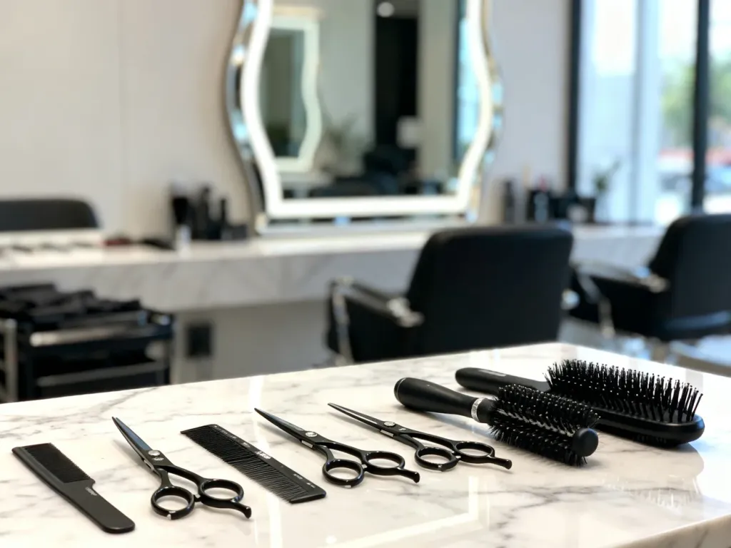 Profesjonalne narzędzia fryzjerskie na marmurowym blacie w eleganckim salonie, gotowe do stylizacji włosów.