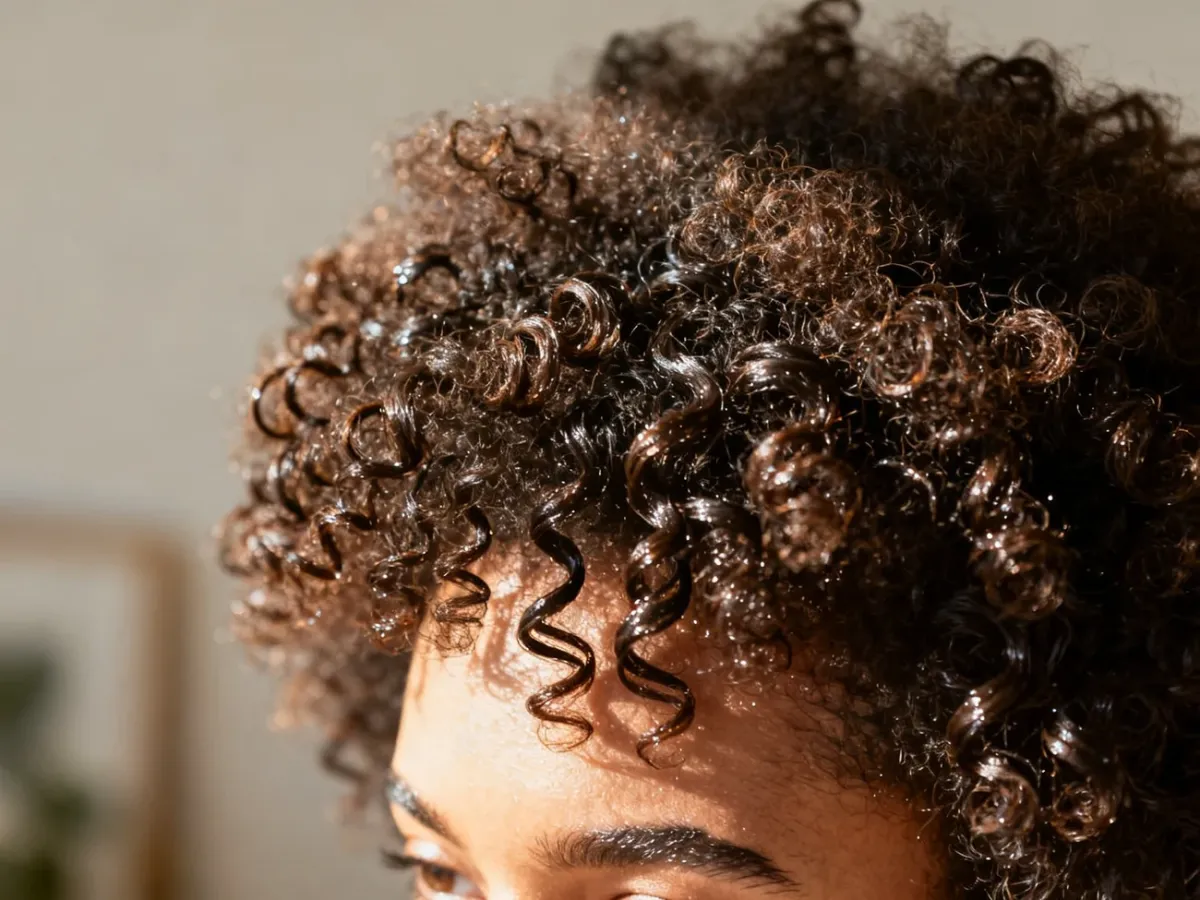 Zbliżenie na zdrowe, lśniące i dobrze zdefiniowane naturalne afro o sprężystej strukturze włosów.