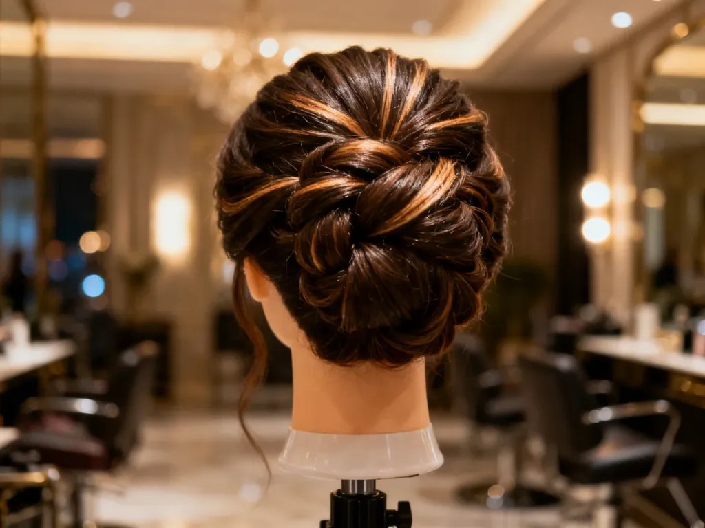 Eleganckie, misternie upięte włosy na głowie manekina w profesjonalnym salonie fryzjerskim.