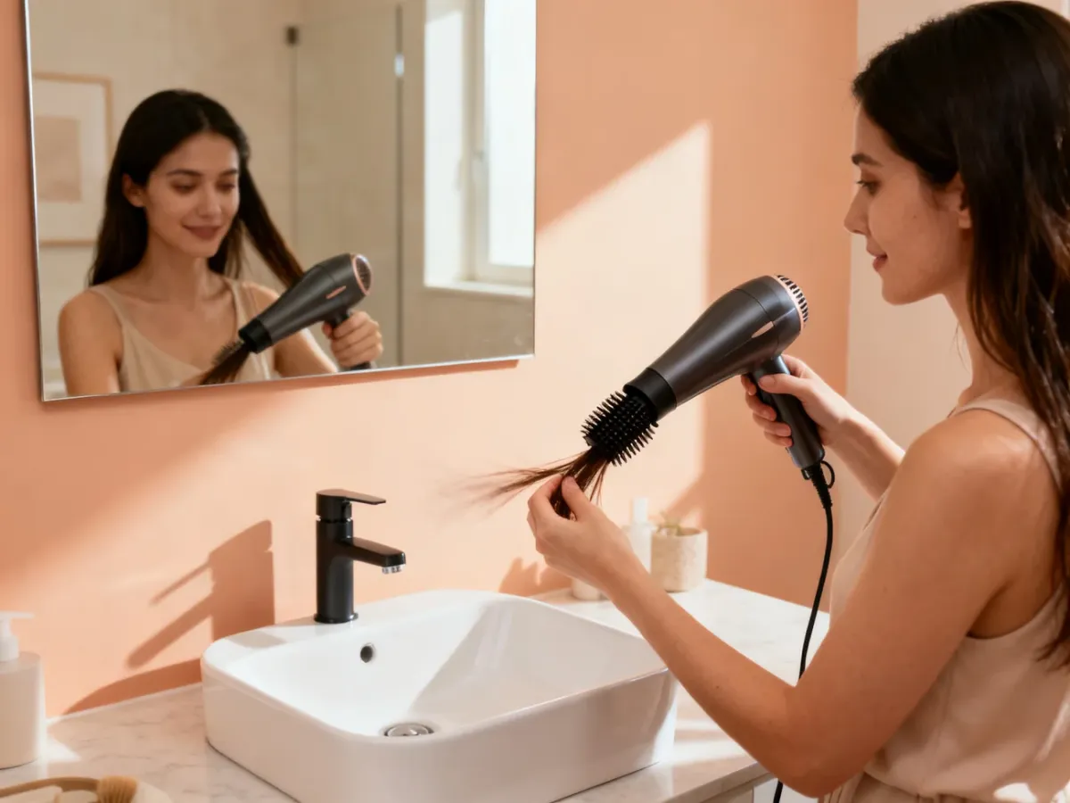Woman styling damp hair with a round brush and hair dryer