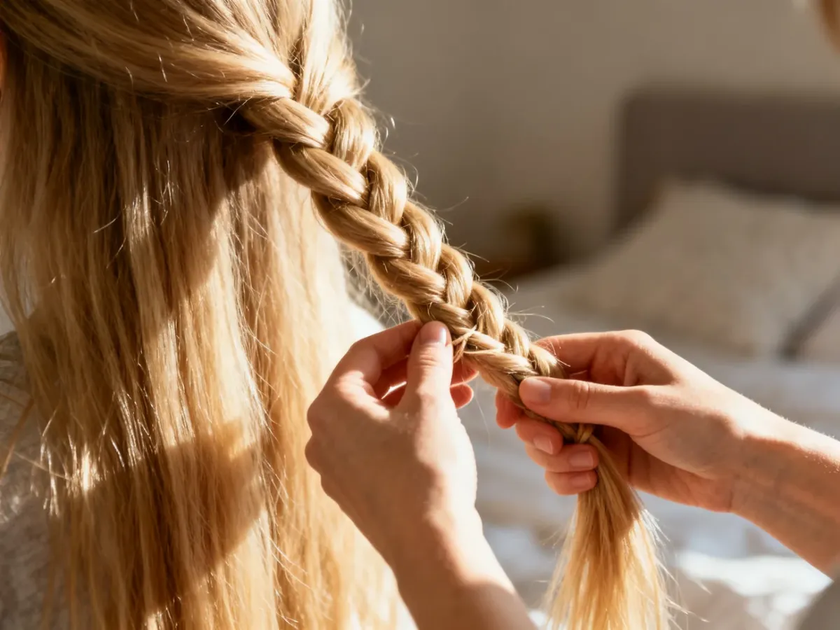 Dłonie zaplatające jasne, blond włosy w warkocz w przytulnym, słonecznym wnętrzu.