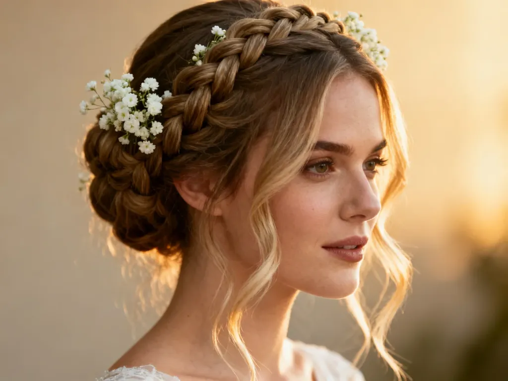 Eleganckie upięcie ślubne z warkoczem i delikatnymi kwiatami gipsówki, idealne jako inspiracja fryzury na wesele.