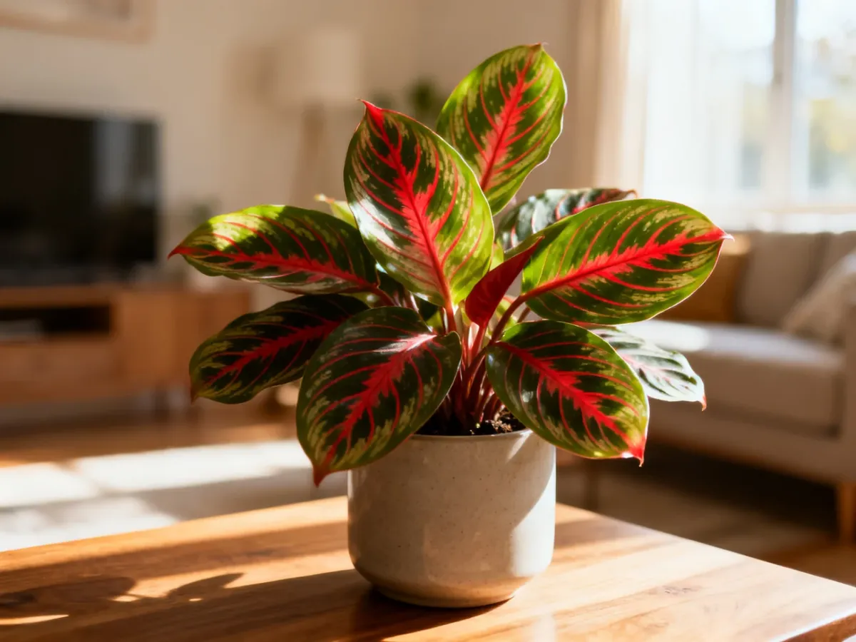 Maranta leuconeura w ceramicznej doniczce na drewnianym stole, wyeksponowana w słonecznym, przytulnym wnętrzu.