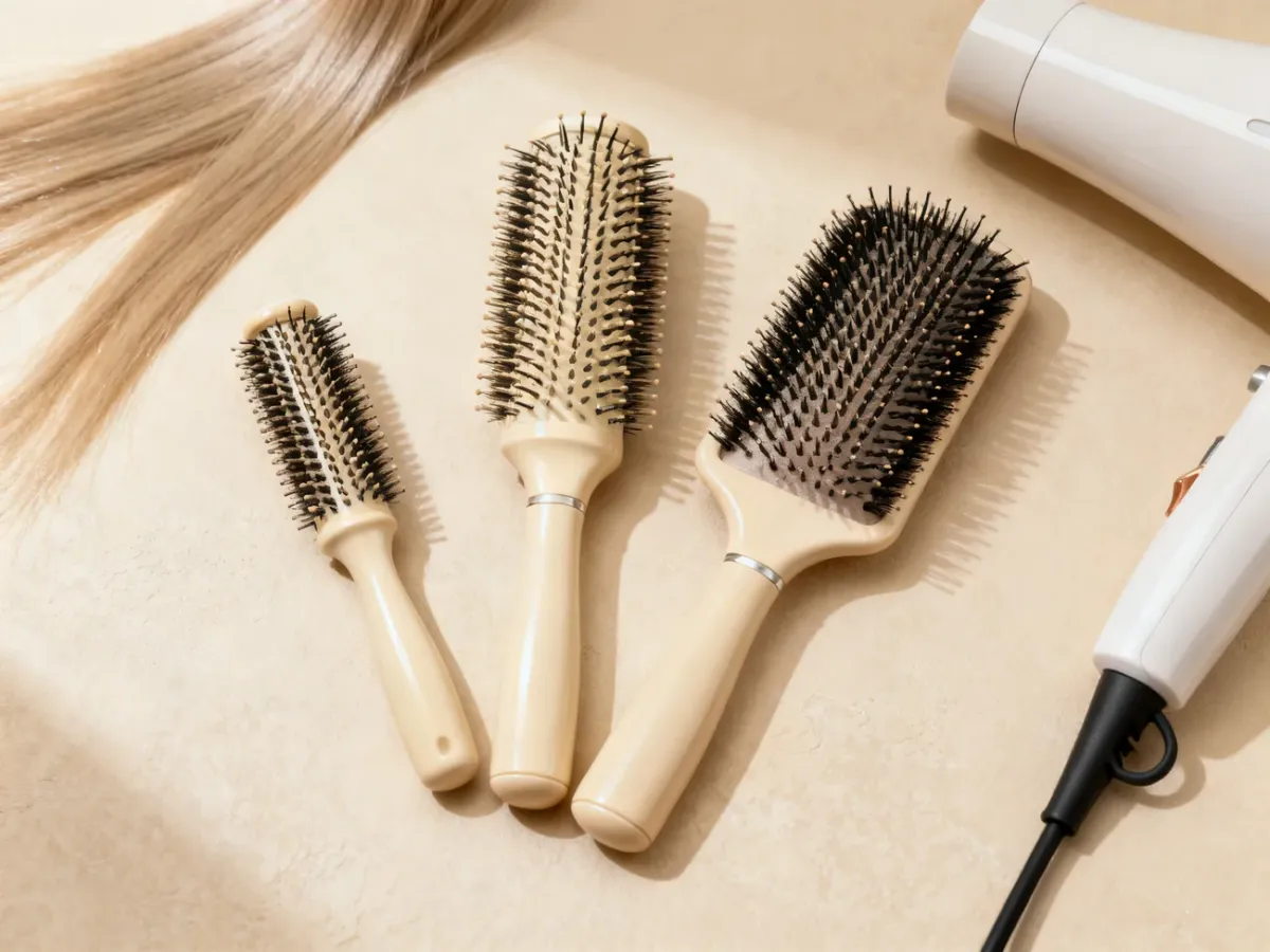 Ceramic round hairbrushes in different sizes beside a hair dryer