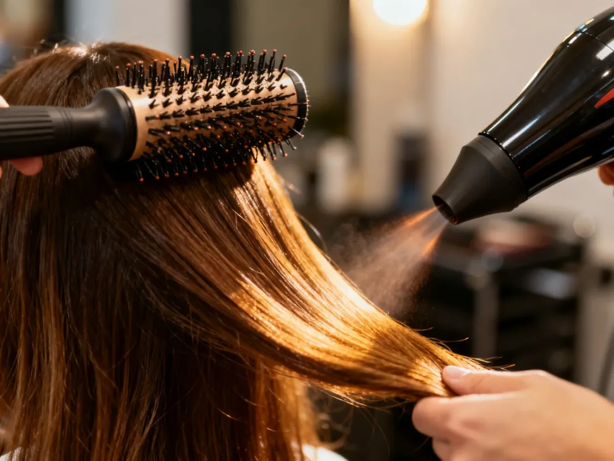 Round brush lifting hair at the roots during blow-drying