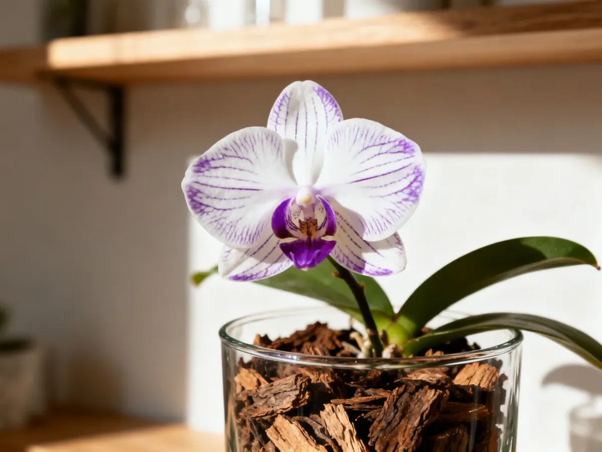 Biały storczyk Phalaenopsis w szklanej doniczce z widocznym podłożem z kory, oświetlony delikatnym światłem słonecznym.