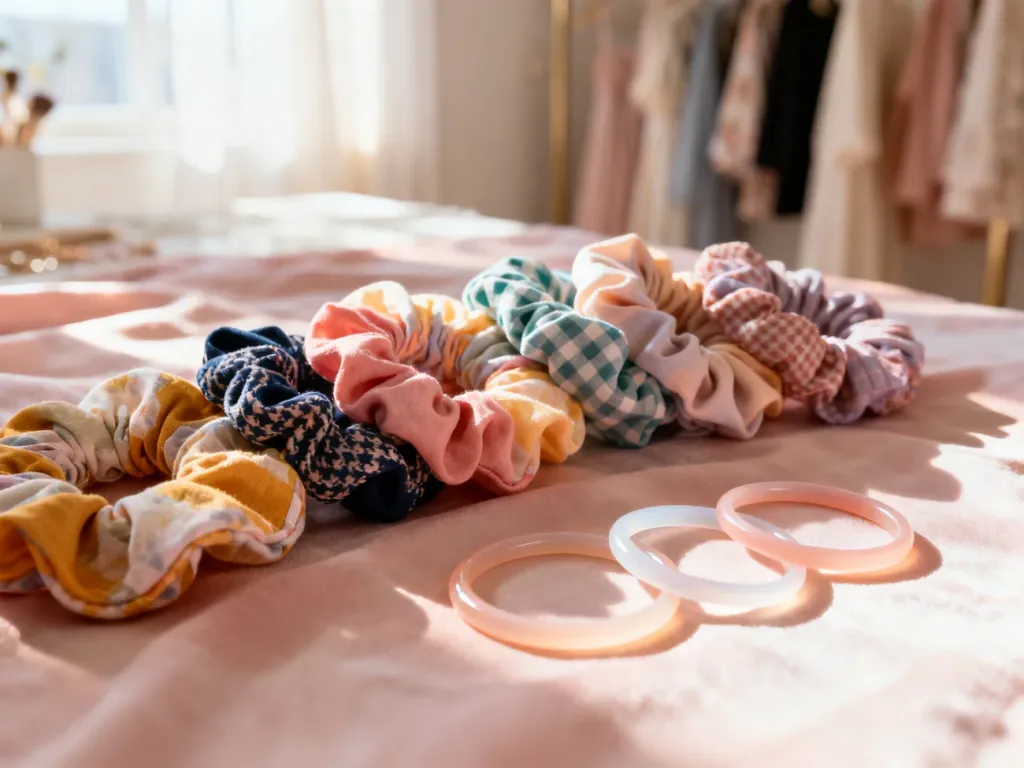Różnorodne gumki materiałowe typu scrunchie oraz silikonowe akcesoria do włosów ułożone na pastelowym tle.